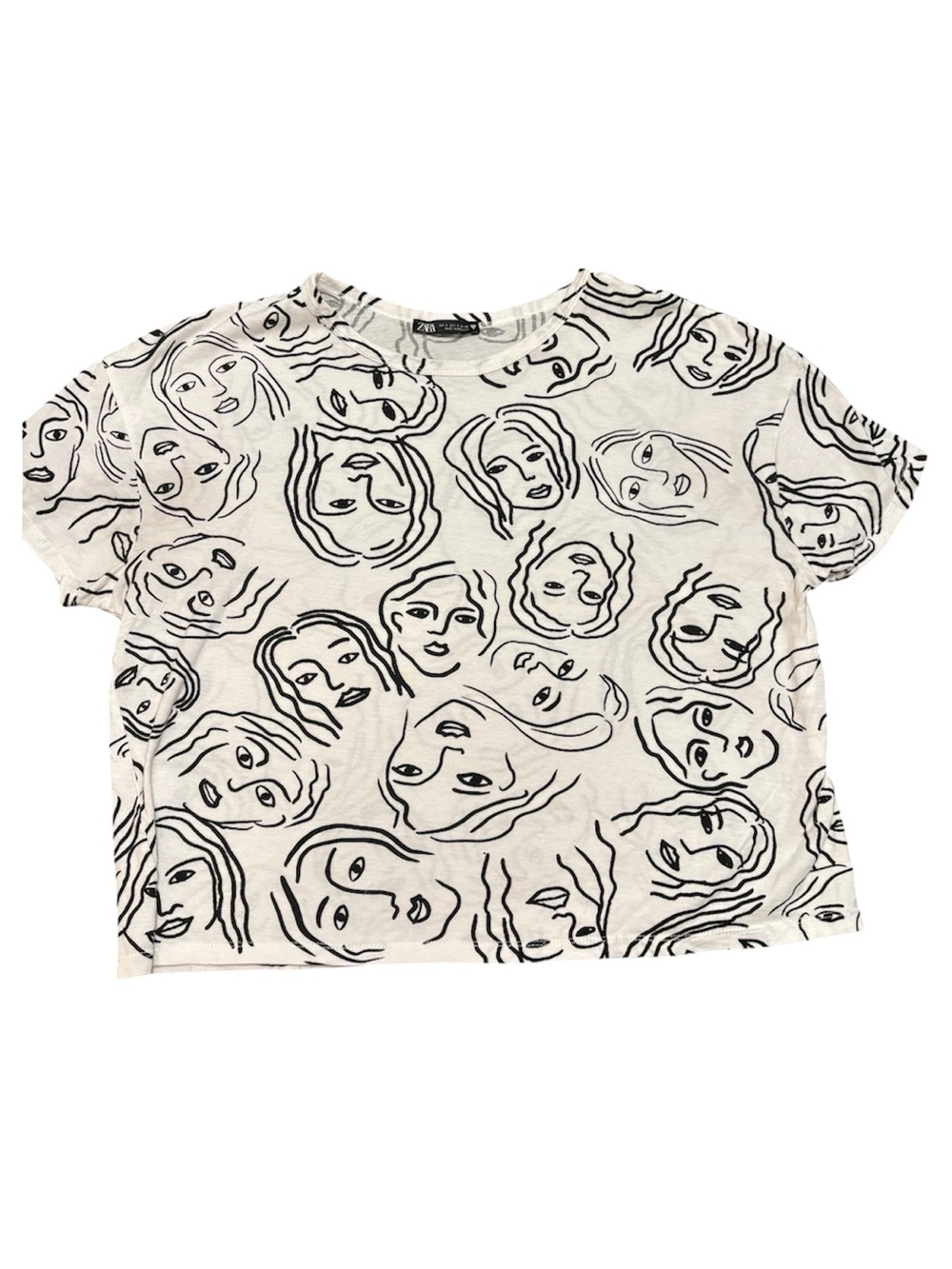 Sz S Zara Women's All-Over Face Doodle Print Black White Cropped T-Shirt